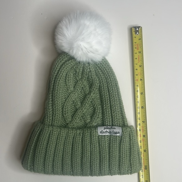 Youth Pokémon Pikachu Green and White Cable Knit Beanie with Pom Pom, Sz. OSFM - Picture 6 of 8